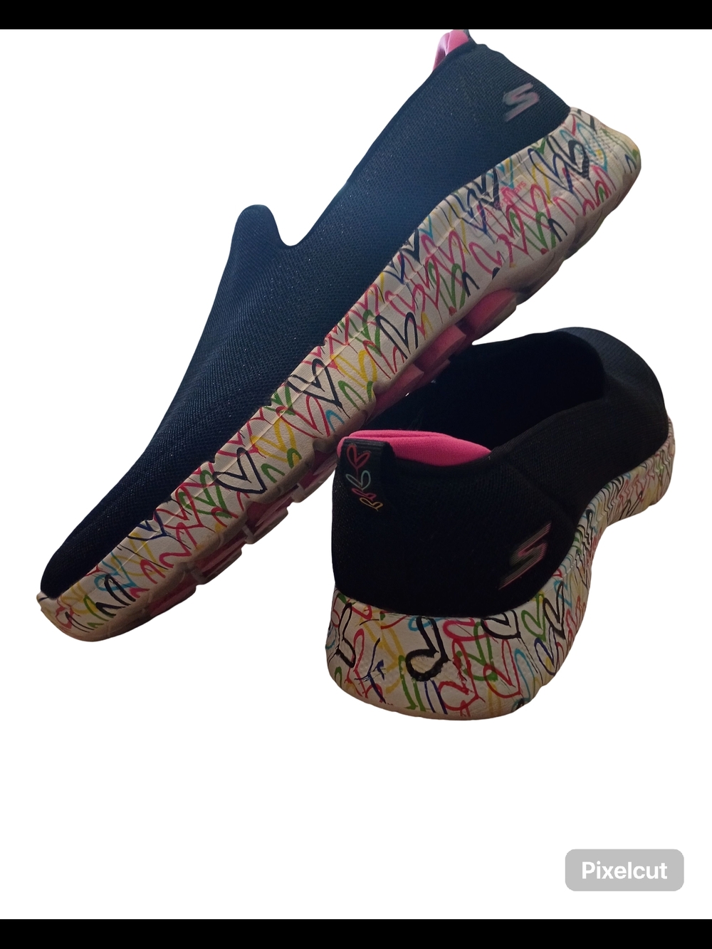 Skechers Black Slip-On Knit Mules with Pink Lining and Multicolor Graphic Sole - Picture 2 of 10